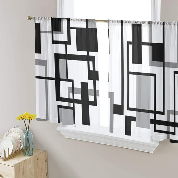Black Grey Geometric Semi Sheer Curtains 54 Inch Length 2 Panels Set, Modern Abstract Art White Sheer Kitchen Curtain Privacy Voile Window Curtain for Living Room Bedroom Rod Pocket Drapes