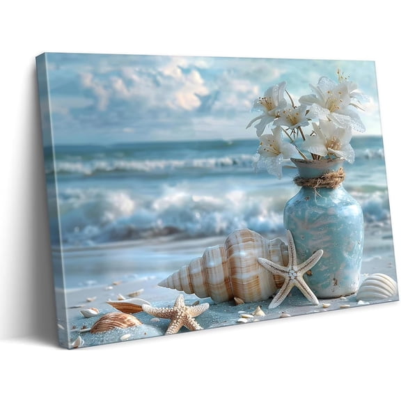 Aaheei Framed Blue Beach Bathroom Canvas Wall Art Ocean Theme Flower Picture Wall Decor Coastal Seascape Poster Seaside Starfish Seashell Painting Print Artwork for Bathroom Living Room 12x12