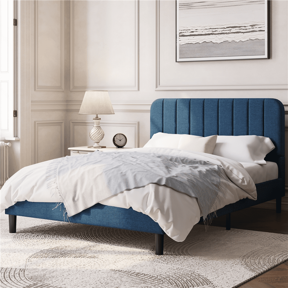 Yaheetech Upholstered Platform Bed Frame, Full Size, Navy Blue