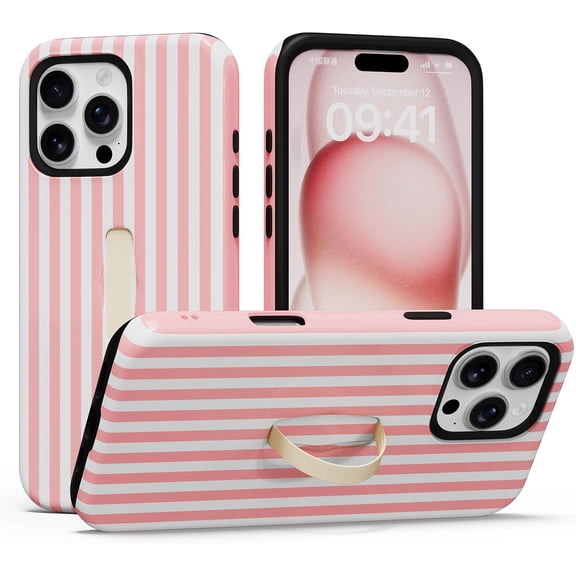 Compatible for iPhone 16 Pro Case with Finger Strap Kickstand, Colorful Floral Pattern Phone Case for Women Girls Men, Soft TPU and Hard PC Shockproof Protective Cover, Pink Striped