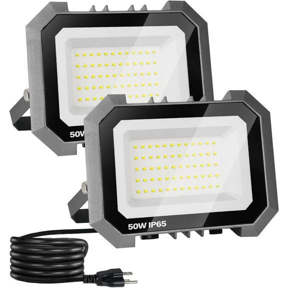 Leddictive 2 Pack LED Flood Lights Outdoor, 50W 5000LM Super Bright Floodlight Outside Work Light with 5.9FT Plug, IP65 Waterproof 6000K Outdoor for Garage, Yard, Lawn, Garden