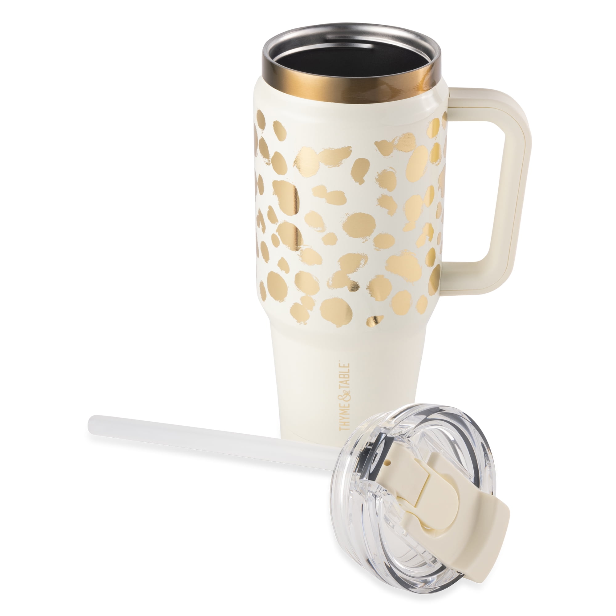Thyme & Table 32 fl oz Stainless Steel Luna Tumbler with Handle and Dual Straw Lid, Cream & Gold Dot