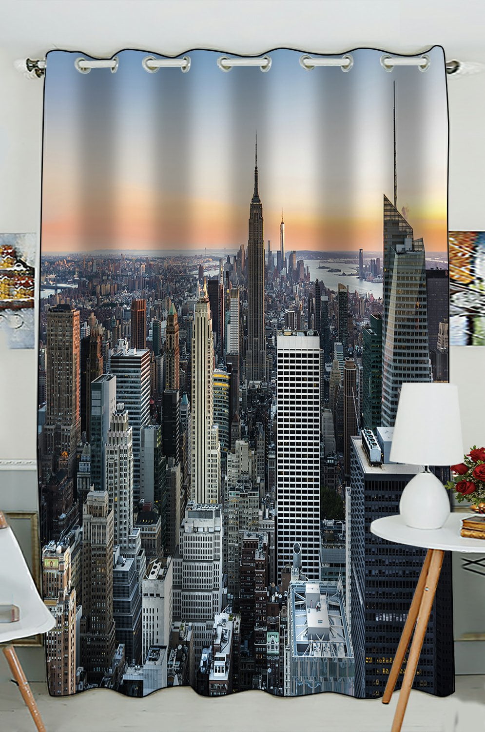 PHFZK City Window Curtain, New York Skyline at Sunset Window Curtain