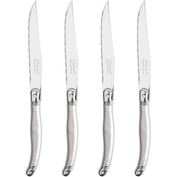 HZXC-Set of 4 Laguiole Steak Knives (Pewter) — Stainless Steel Dinner Knives — Cutlery Set for 4 — Fancy Serrated Knives (9.25")