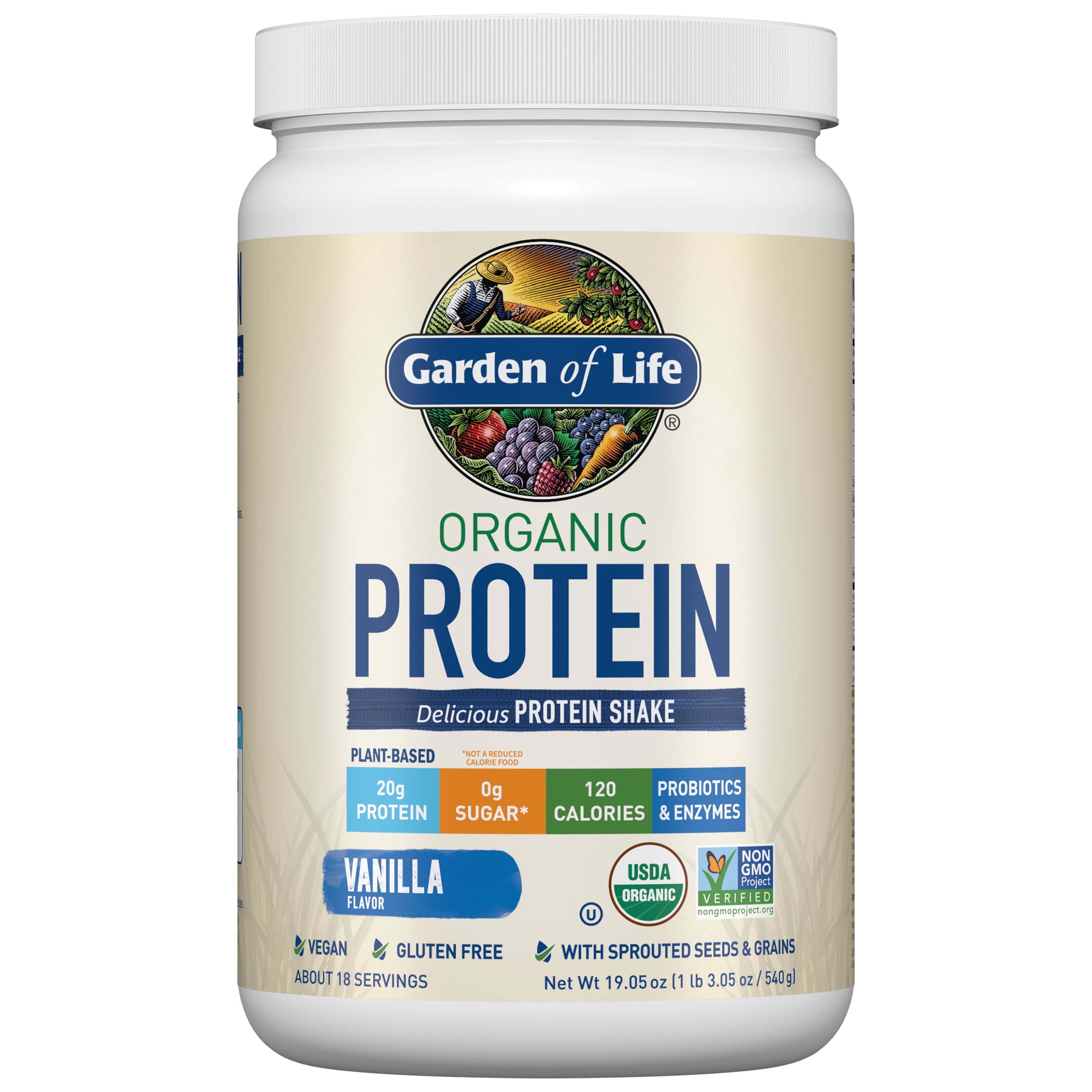 Garden of Life Organic Plant-Based Protein Powder, Vanilla, 20g Protein Shake Drink, Vegan, Probiotics, Digestive Enzymes, 19.05oz​