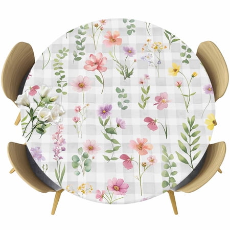 Pink Spring Floral Round Tablecloth Fitted Table Cover with Elastic for 45 -54 Round Tables Flowers Botanical Elegant Grey Checkered Table Cloth Outdoor Indoor Dinning Party Waterproof Tablecloths