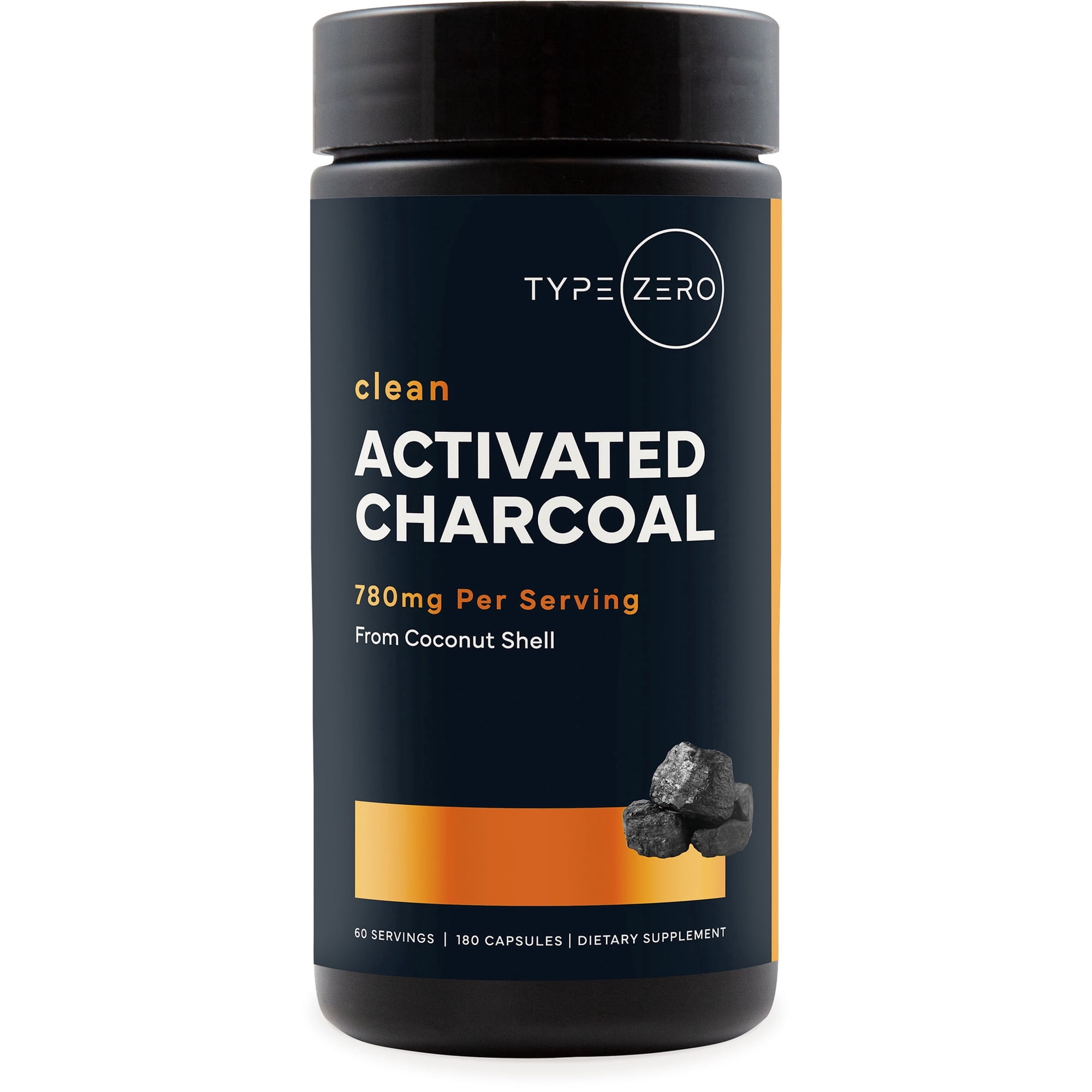 Type Zero Activated Charcoal Capsules (180 Count) - 60 Servings, 780mg Per Serving, from Coconut Shell, Non-GMO, Gluten-Free