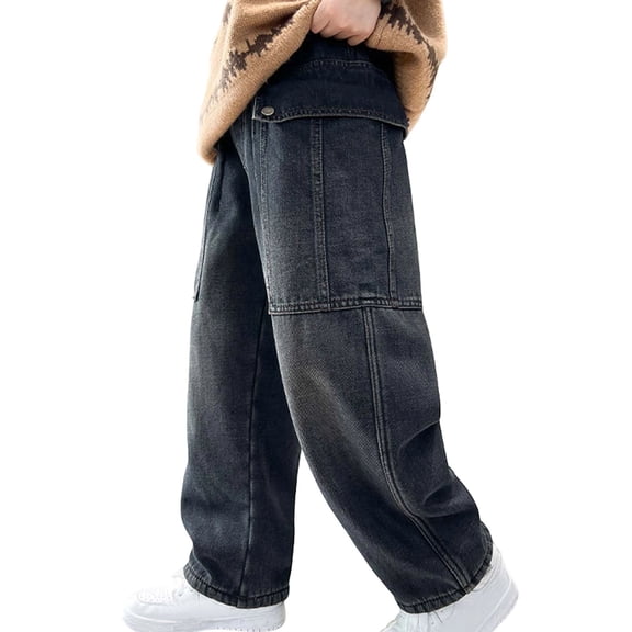 WMQPNNS Boys Jeans Kids Fashion Boys Baggy Jeans Size 16 Baggy Elastic Waist Straight Leg Skater Denim Pants Casual Loose Streetwear with Pockets(C-Grey, Size 11-12 Years)