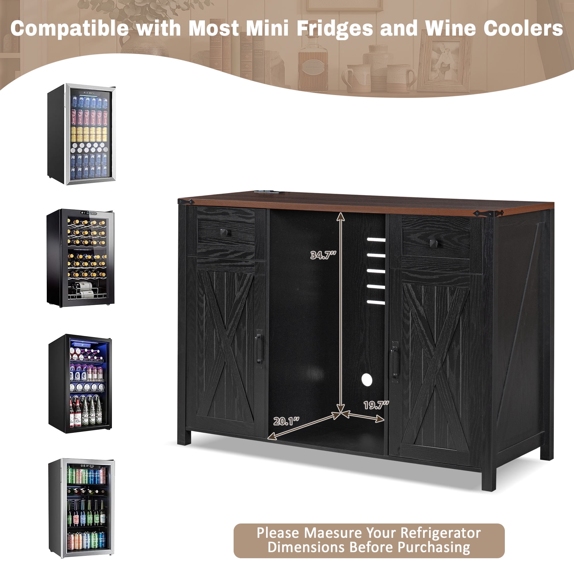 Mintazer 53.2" Farmhouse Coffee Bar Cabinet with Fridge Space & Charging Station, Barn Doors Sideboard Buffet Storage Cabinet with Drawers & Wine Glass Rack for Kitchen Dining Room Home Bar, Black