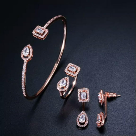 EOEMY 3Pcs Adjustable Cz Rose Gold Drop Open Cuff Bangle Earrings Rings Jewelry Sets