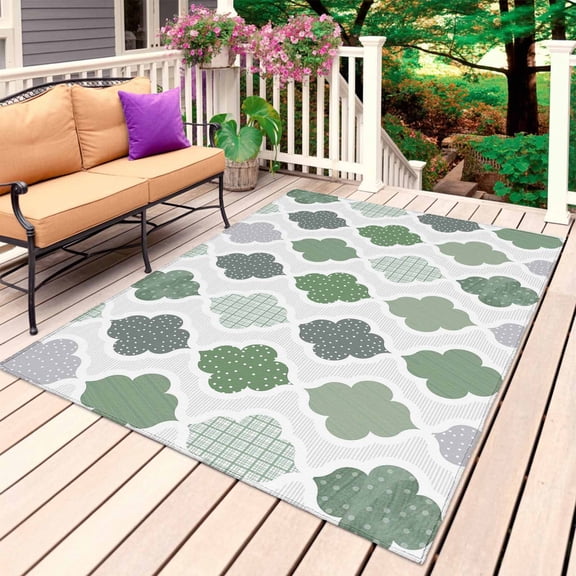 Green Geometric Outdoor Rug 3x5 Ft, Non Slip Washable Area Rug, Vintage Moroccan Rhombic Bohemia Gray Patio Rugs Carpet Runner, Large Floor Mat for Indoor/Outdoor Deck Porch Camping