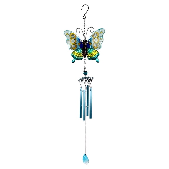 Stained Glass Wind Chime for Outdoor, Hand-Painted Iron Craft with Aluminum Tubes, Harmonic Melodies for Garden, Patio and Yard Decor, Soothing Ambiance Gift Idea(Blue)
