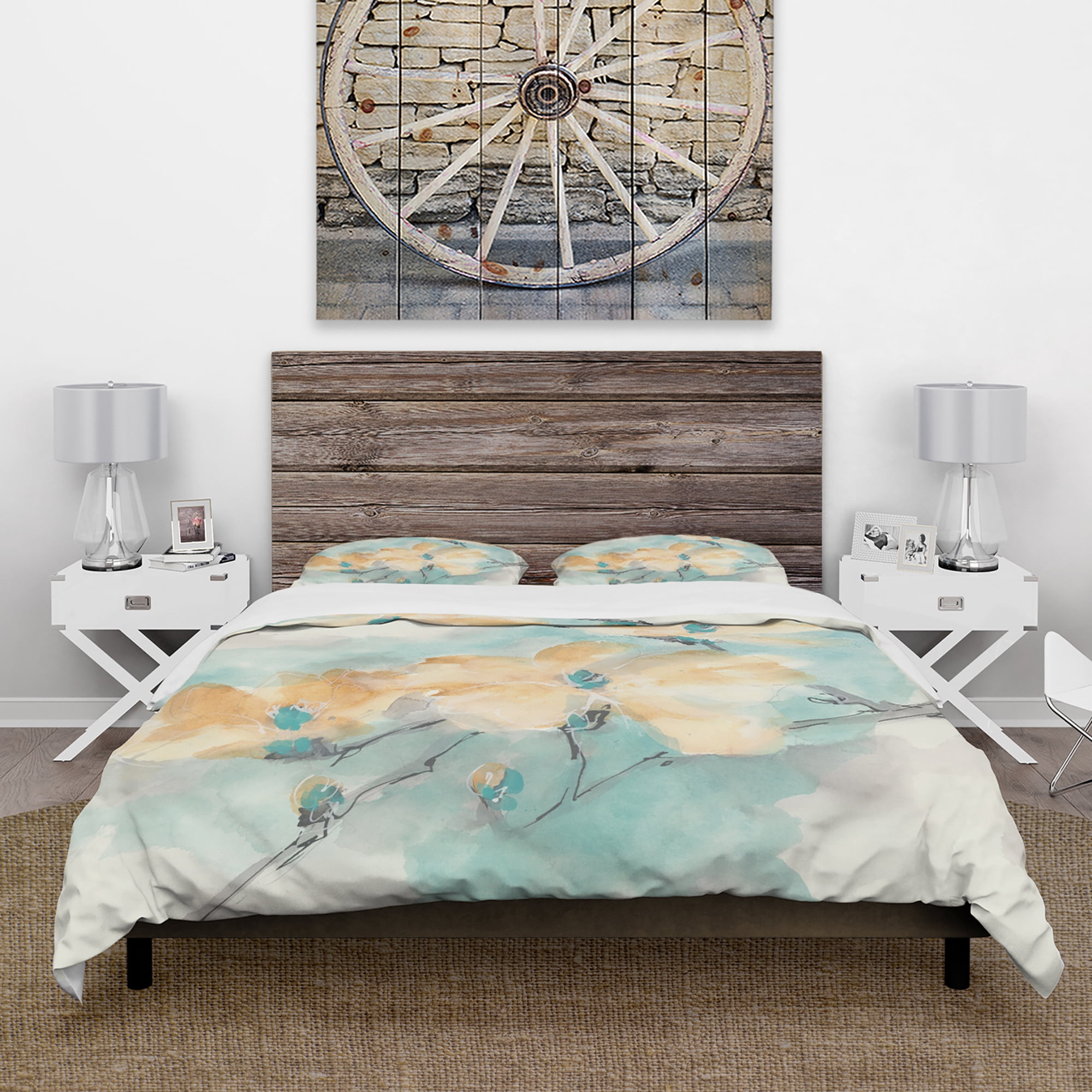 Designart 'Teal Buds II' Traditional Duvet Cover Set