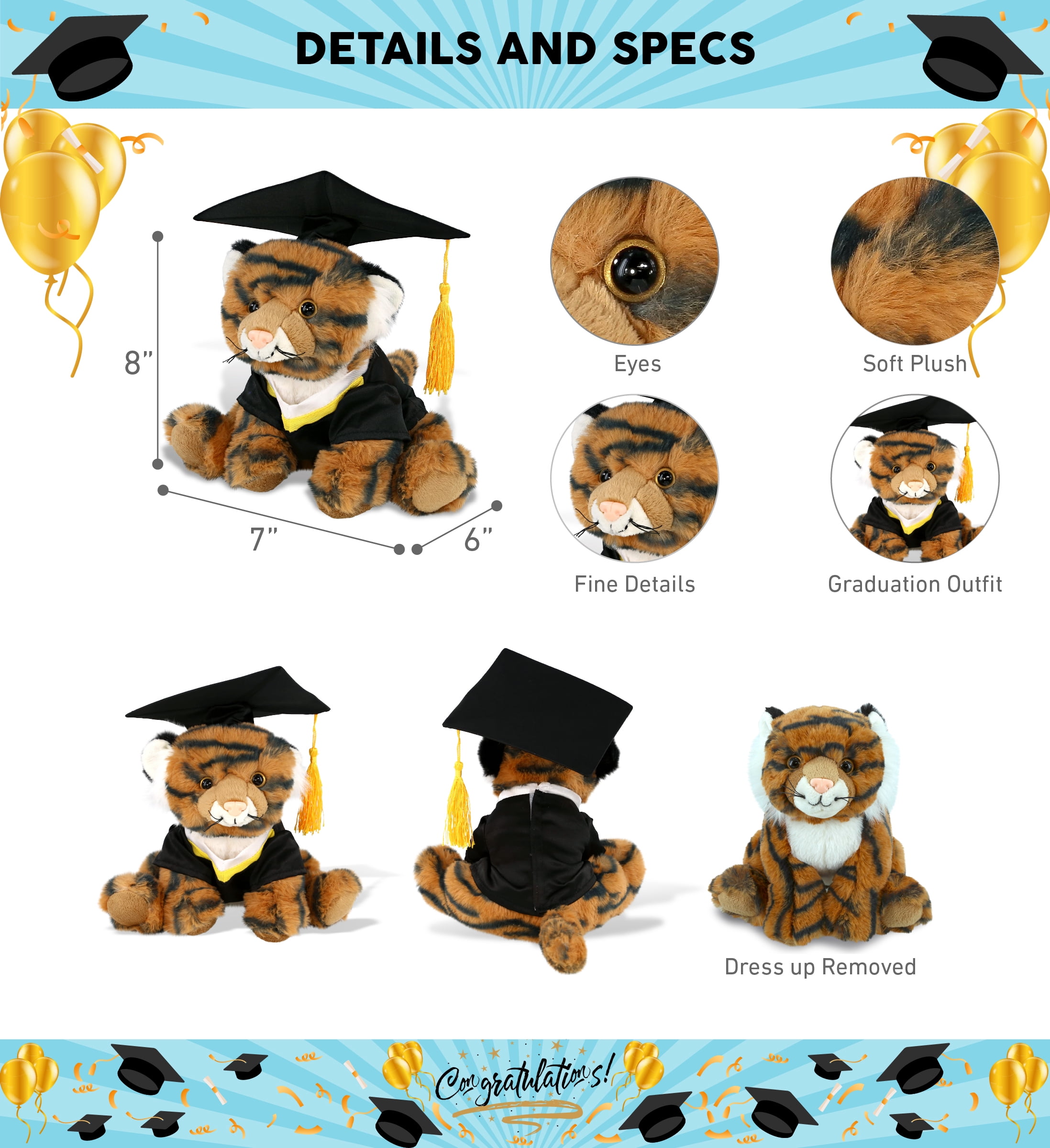 DolliBu Squat Tiger Graduation Plush Toy - Soft Tiger Plush Graduation Stuffed Animal Dress Up with Gown & Cap with Tassel Outfit - Congratulatory Graduation Gift - 8 Inches