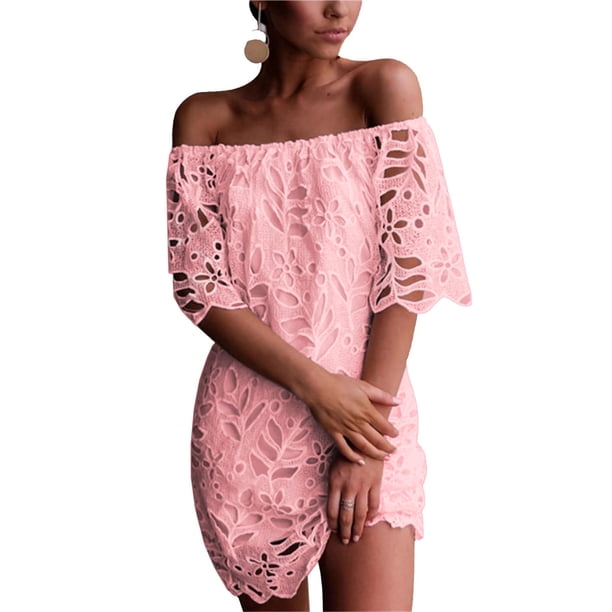 Vestido PRETTYGARDEN Mini de Encaje Floral Rosa con Hombros Descubiertos XL