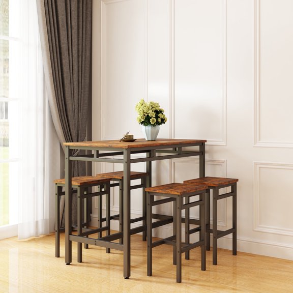 Nmkwer Bar Table Set with 4 PCS High Stools for Dining Room, Bar, Brown