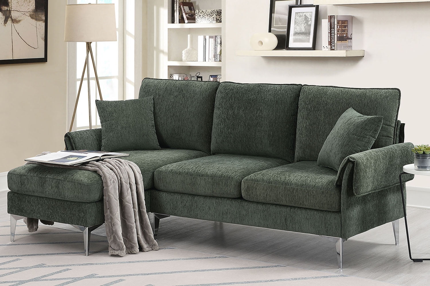 Kadyn 84 " Convertible Sectional Sofa, Modern Chenille L-Shaped Sofa Couch with Reversible Chaise Lounge and Pillows , Fabric Sofa for Living Room, Green