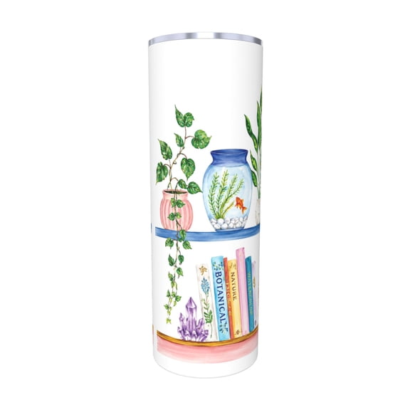 20oz Botanical Bookshelf Travel Tumbler with Handle and Straw Lid Watercolor Plant Coffee Cup for Car Office Travel Gift with Straw