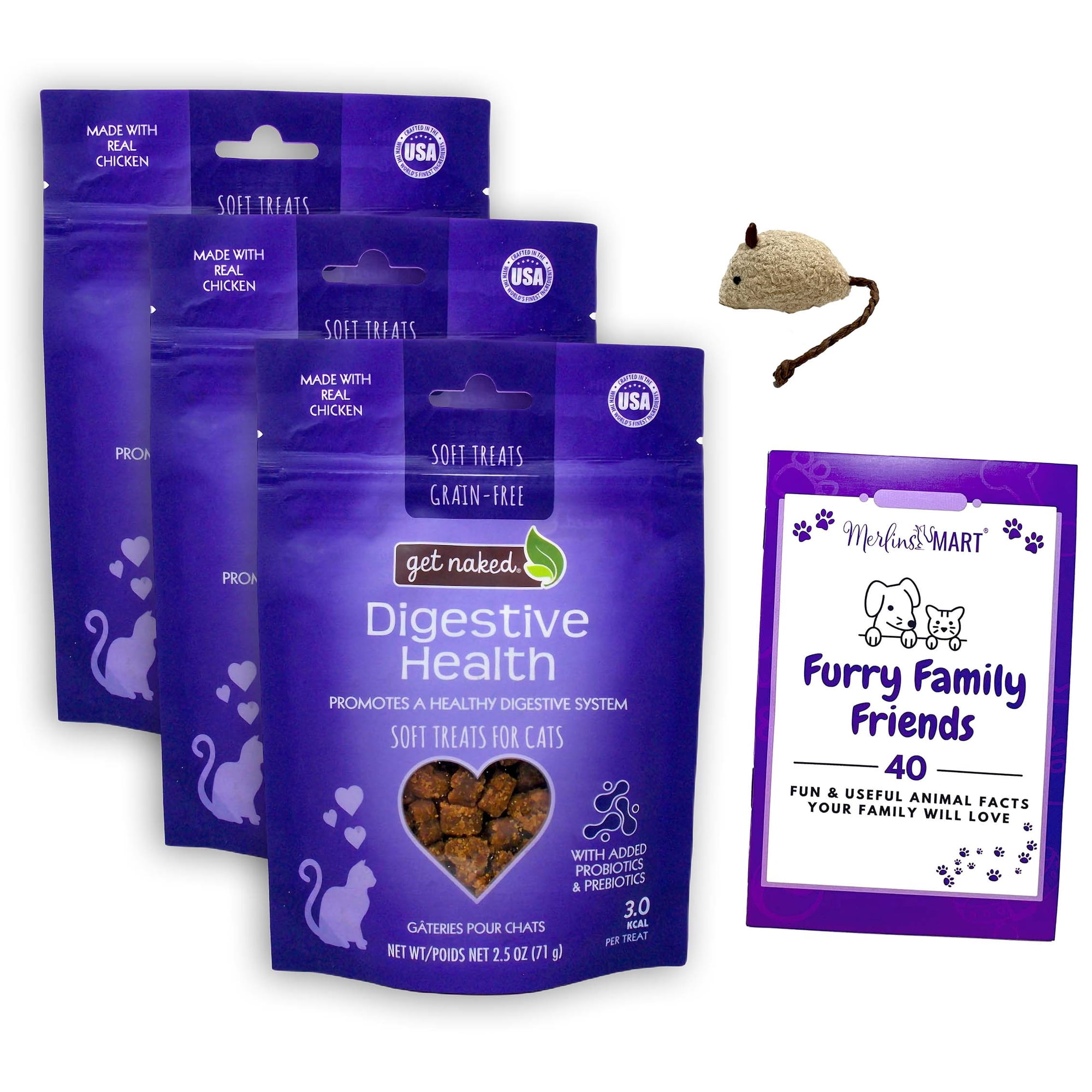 Get Naked Grain Free Digestive Health Cat Treats 2.5oz 3 Pack Pet Care Set with MerlinsMart Zine