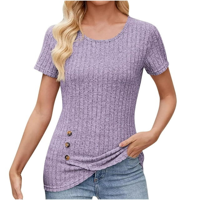 Plebaso Womens Knit Summer Tops Crew Neck Short Sleeve Tee Blouses Casual Solid Color Spring Summer Shirts