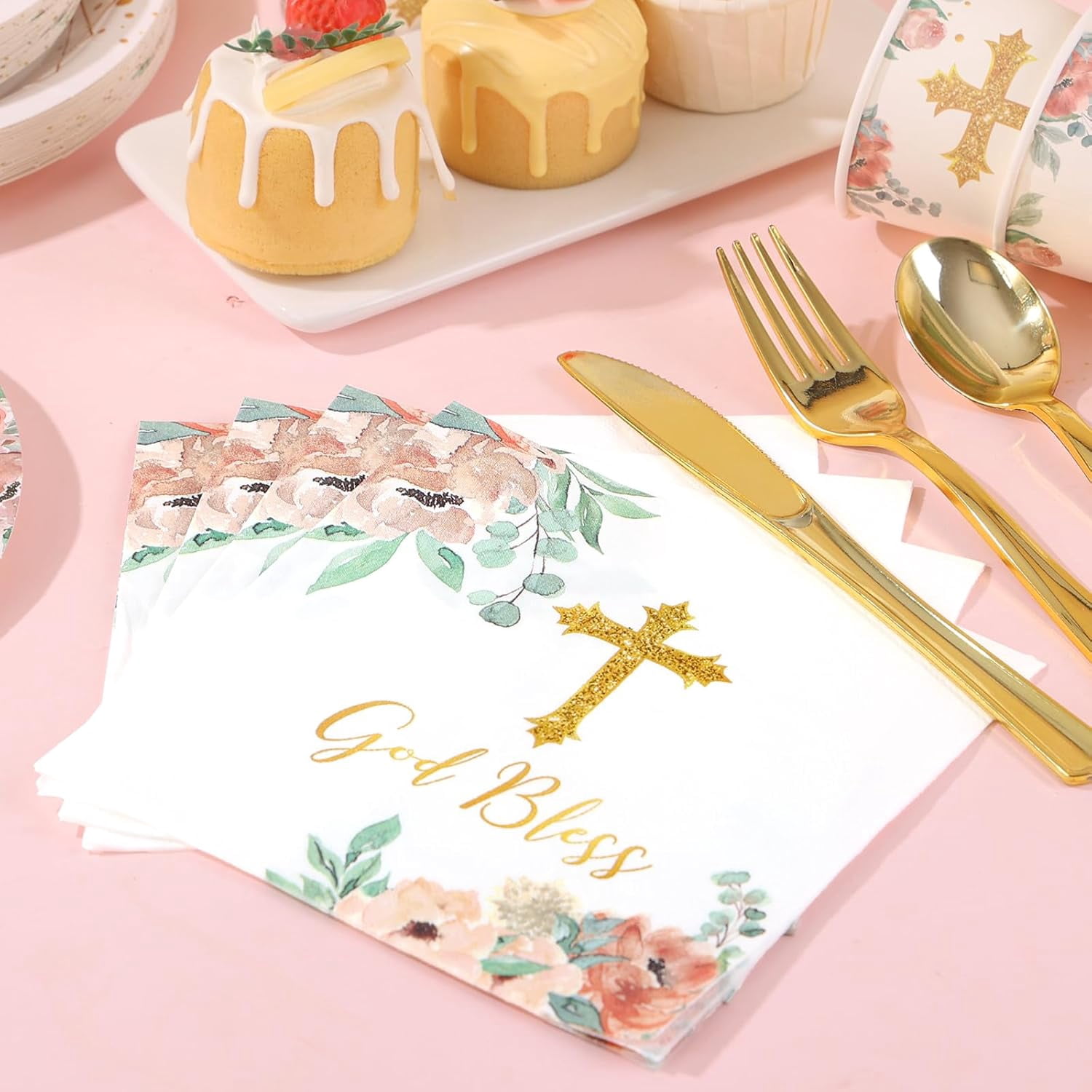 175 PCS Baptism Plates and Napkins Party Supplies - Baptism Decorations for Girls - God Bless Disposable Paper Plates First Communion Plate for Christening Baby Shower Party Decorations