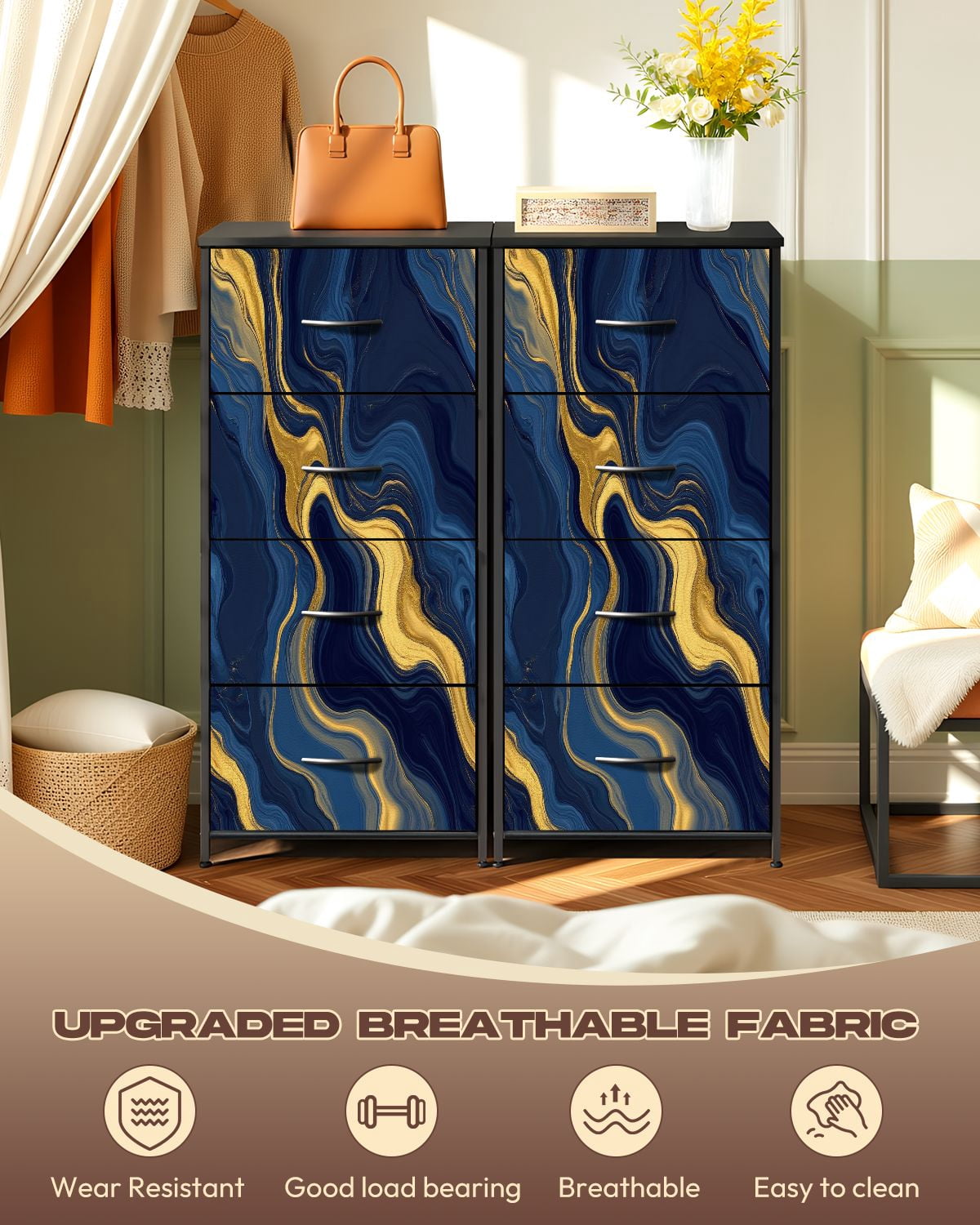 Kanworse 4 Drawer Fabric Dresser for Bedroom luxury Blue marble gold abstract texture Chests of Drawers for Closet Organizers Storage