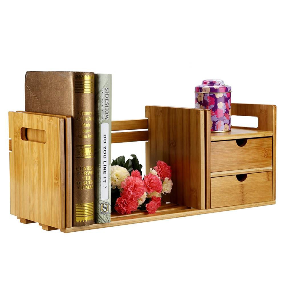 Desk Organizer Wood Storage Bamboo Shelving Rack Desktop Adjustable Book Shelves 