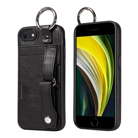 Allytech Wallet Case for iPhone 7 / 8 / SE 2022 & 2020, [Card Slot] [Ring Buckle] [Adjustable Wristband with Snap Buckles] Premium PU Leather Kickstand Shockproof Case Cover for Women Men - Black