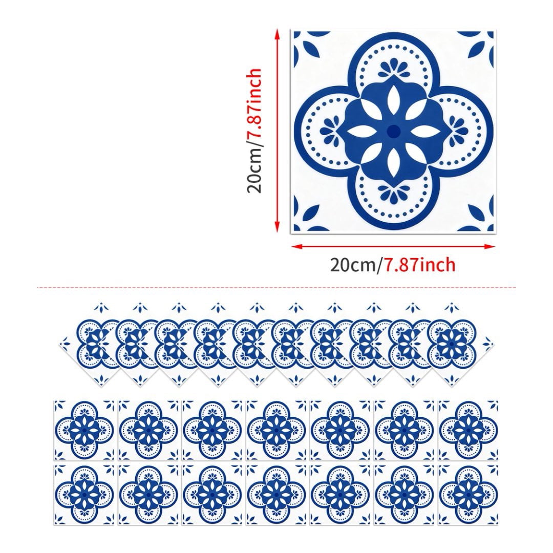 24Sheets Matte PVC Tile Sticker Waterproof Peel and Stick Backsplash 7.87" x 7.87" Blue White Flowers Wall Stickers Self Adhesive Decals DIY Decor