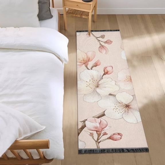 White and Pink Flowers Bedroom Runner Rug 2'x 6' Non Slip Carpet Indoor Home Area Rug Living Room
