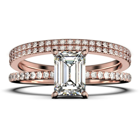 Art Deco 2.00 Carat Emerald Cut Diamond Moissanite Engagement Ring Set, Wedding Ring In 10K Solid Rose Gold, Feminine Gift, Promise Ring, Anniversary Gift