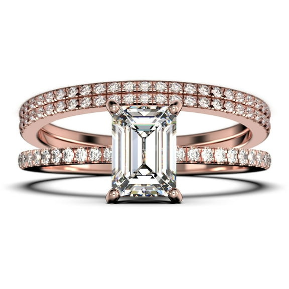 Art deco 2.00 Carat Emerald Cut Diamond Moissanite Engagement Ring Set, Wedding Ring in 925 Sterling Silver With 18k Rose Gold Plating Feminine Gift, Promise Ring, Anniversary Gift