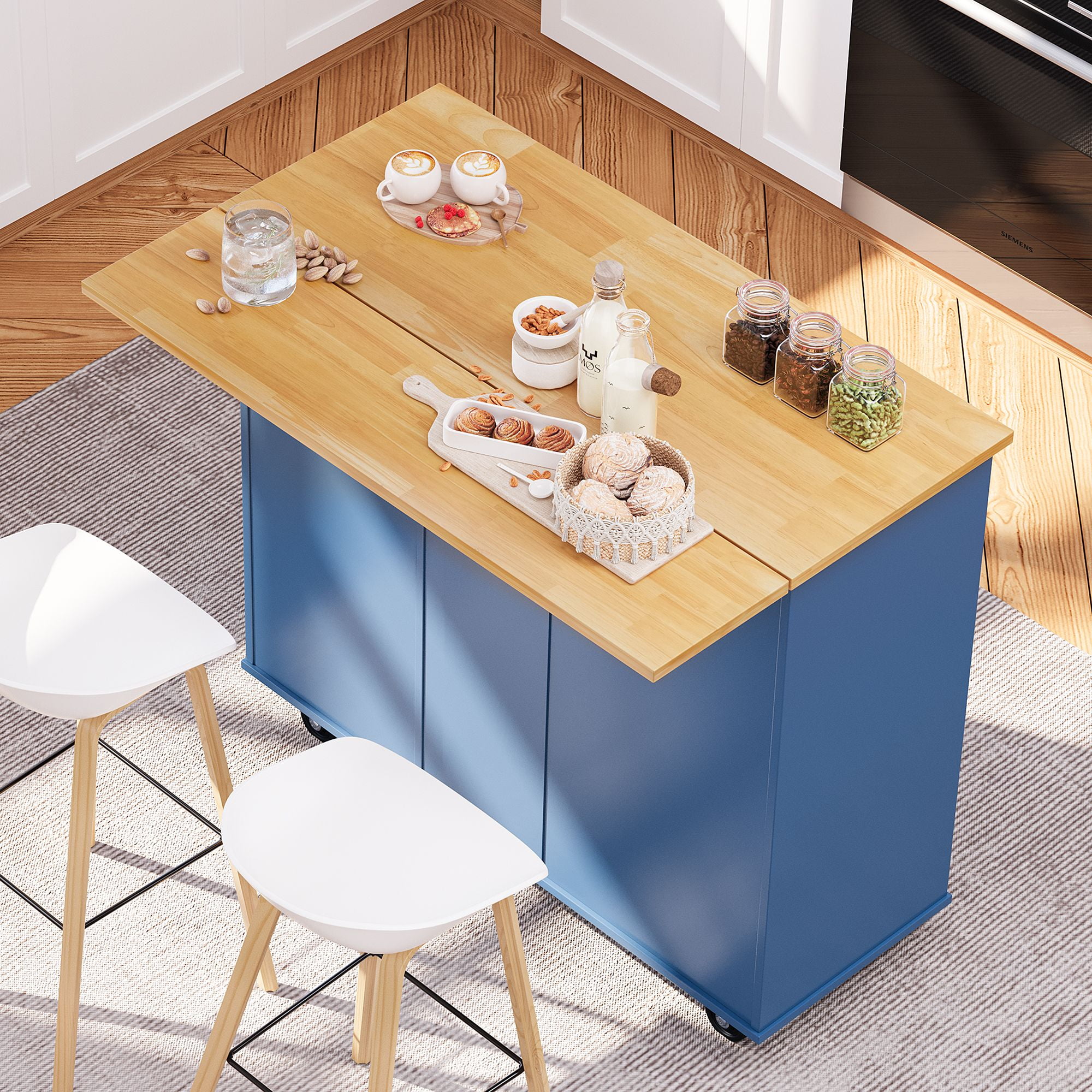 Walsunny 40" Kitchen Islands Carts with Storage Drop Leaf Countertop on Wheels Rolling Microwave Utility Carts with 3 Drawers 1 Storage Cabinets,Blue