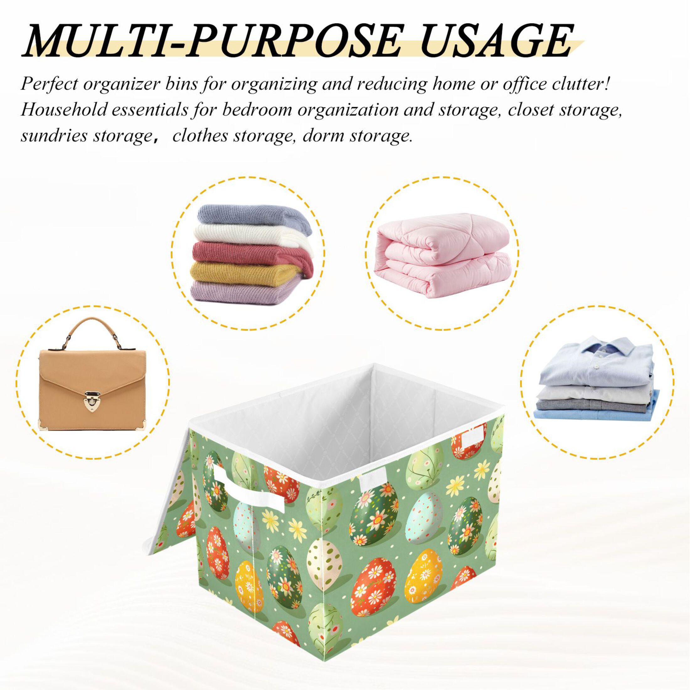 Ryvnso Easter Eggs Floral Large Lidded Foldable Storage Baskets Cubes Boxes Lids Bin for Home
