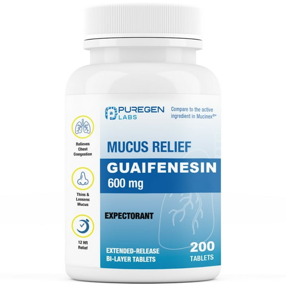 Puregen Labs Guaifenesin 600 mg - Maximum Strength Mucus Relief Expectorant - 200 Tablets - 1PK