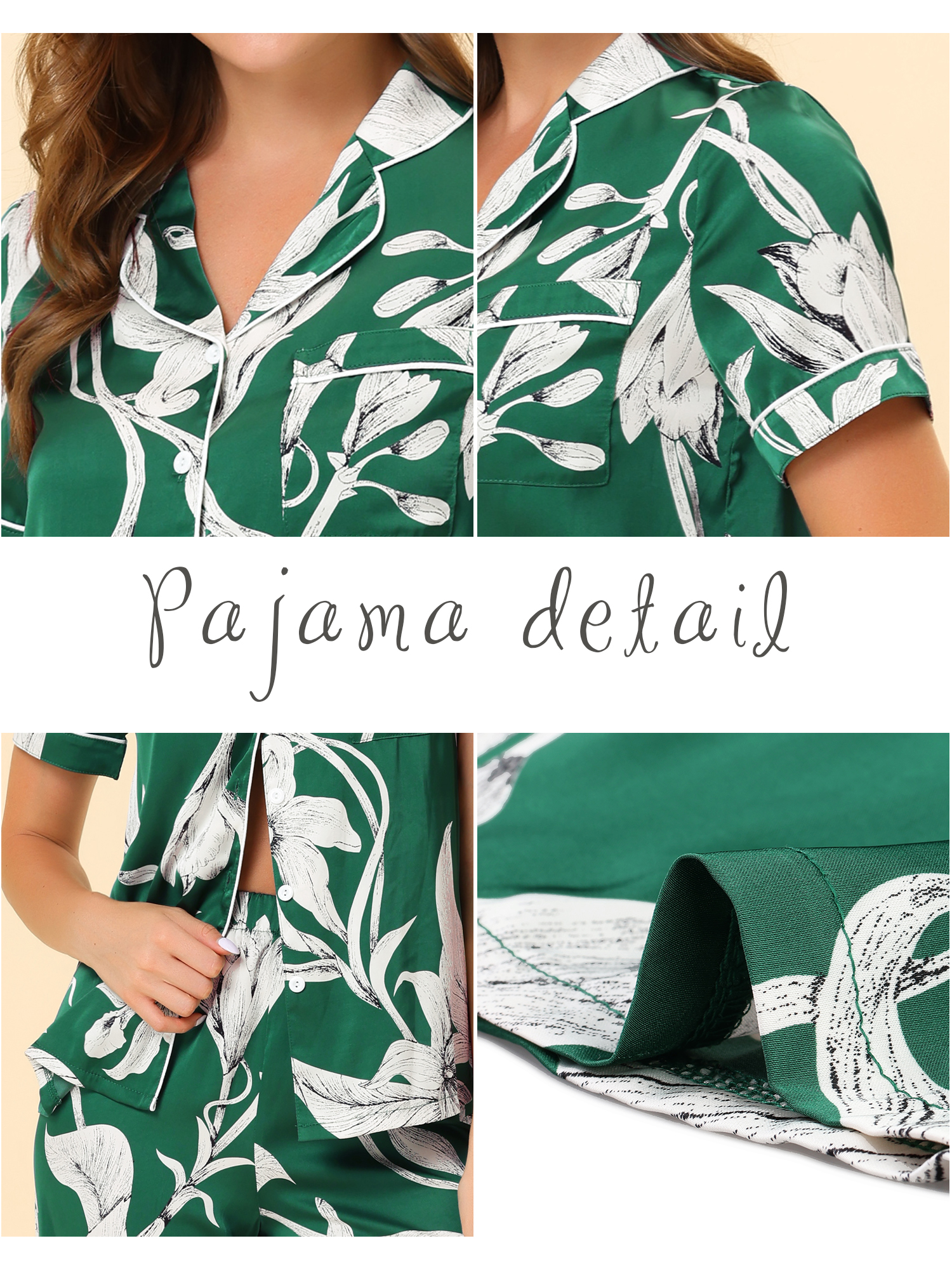 Unique Bargains Women's Pajama Set Silk Short Sleeves and Pants Floral Satin Sets