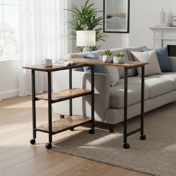 FurnitureR Industrial Folding Side Table with Wheels, Mobile C-Shaped End Table with Storage Shelves for Living Room, Rustic Brown