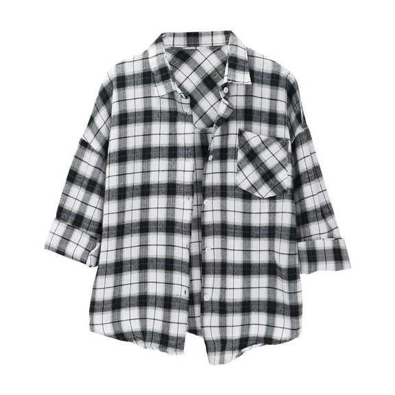 Holzkary Women's Plaid Shirts Cotton Classic Long Sleeve Button Down Collared Casual Tops Lightweight Fall Blouses Spring and Autumn Style Women's Plaid Shirt Jacket Shirt Inner Wear Top. Black L