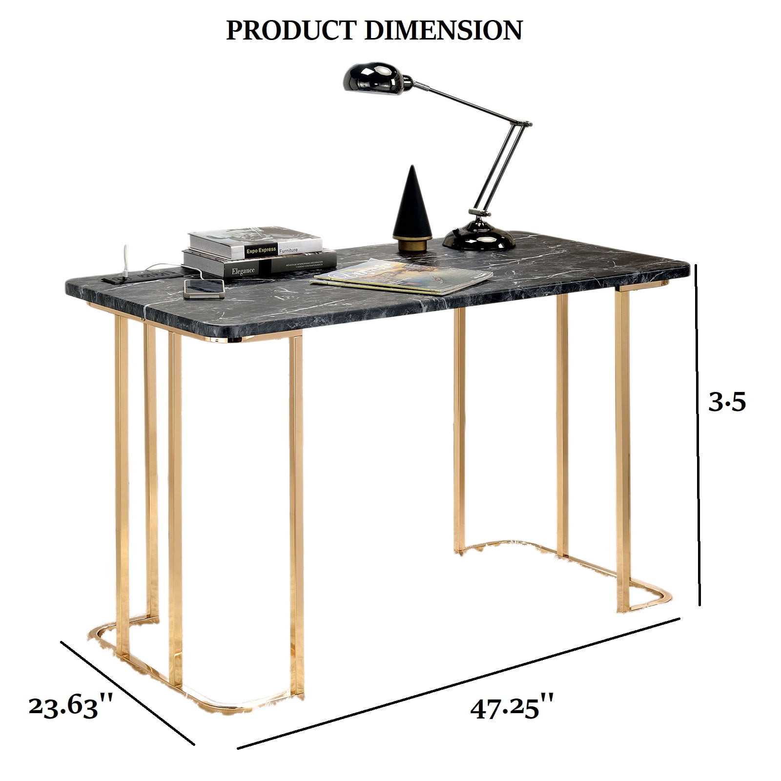 Astoutdoor Contemporary Desk with Faux Marble Top and Metal Frame, USB Port, Gold and Black Finish