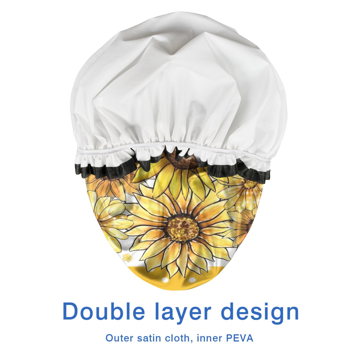 Shower Caps,Yellow Dot Sunflower Bee Pattern Waterproof Shower Cap for Women 4 Pieces,Double Reusable Hair Cover for Shower PEVA Elastic Stretch Hem