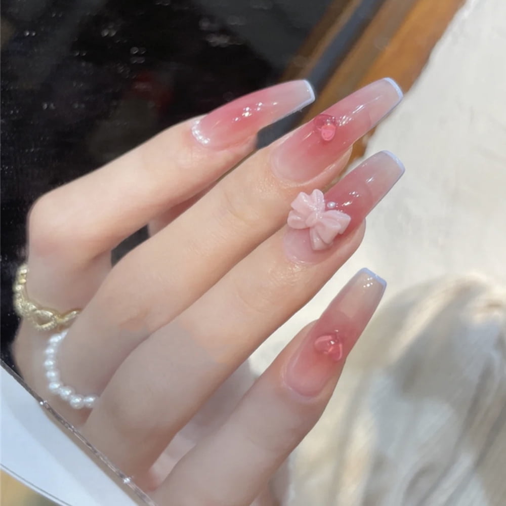 Personalrea 24Pcs Glossy Wearable False Nail Long Pink Bow Fake Nail For  Women And Girl - Walmart.com