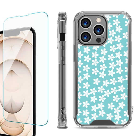 Shockproof Bumper Phone Case for iPhone 13 Pro Max, with Tempered Glass Screen Protector, by OneToughShield ® - Flower/Teal