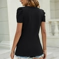 thumbnail image 4 of Camiseta de mujer con cuello en V, manga corta abombada, holgada, informal, Top de encaje con ojales de ganchillo, blusa para mujer, negro L, 4 of 6