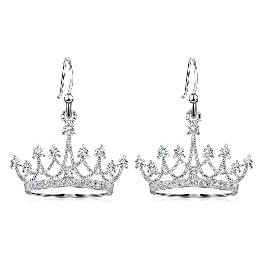 Sterling Silver Cubic Zirconia Crown Dangle Earrings for Women Girl