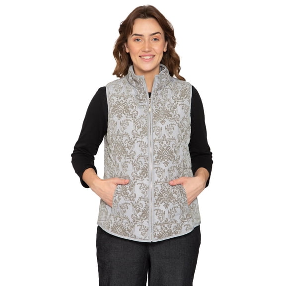 Turtle Bay New York Women's Flocked Damask Print Zip Front Vest With Lining And Fill