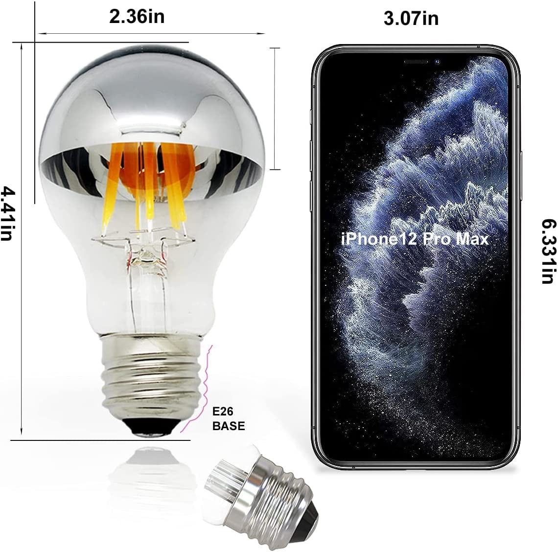 Half Chrome Light Bulb Dimmable 6W (Equivalent 60 Watt) LED Edison Bulb A60 Half Silve Dipped LED Bulb Globe Shape 2700K Warm White Decorative Mirror Light Bulb CRI 90+ E26 Base Pack of 5
