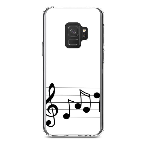 DistinctInk Clear Shockproof Hybrid Case for Samsung Galaxy S9 (5.8" Screen) - TPU Bumper, Acrylic Back, Tempered Glass Screen Protector - Treble Staff Music Notes