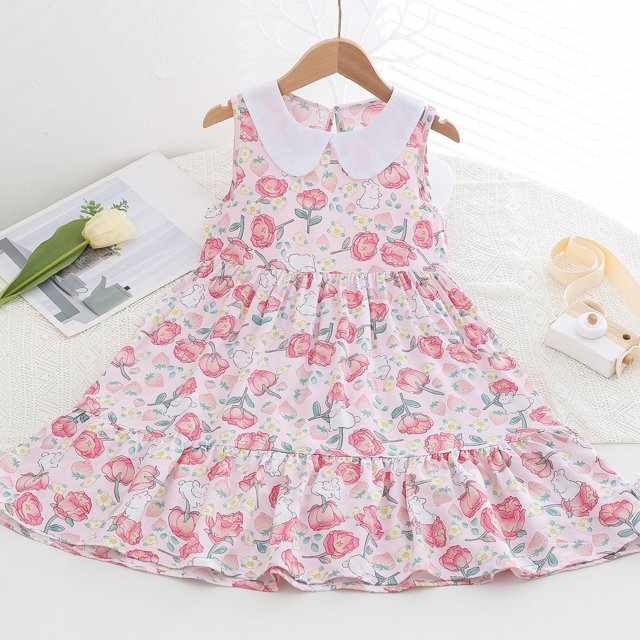 LOVZFMLL Fashion Girls' Summer Sleeveless Sleeve Ruffled Lace Round-Neck Embroidery Mesh Princess Bow Skirt Princess Dress