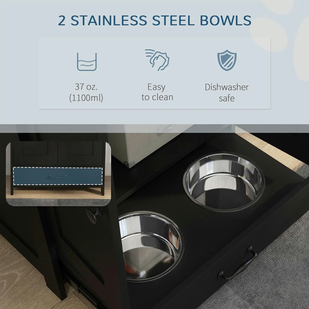 Barara King Pet Feeding Station, Dog Bowls, Dog Food Storage Cabinet w/ Raised Dog Bowls, Adjustable Panel, Hooks, Black