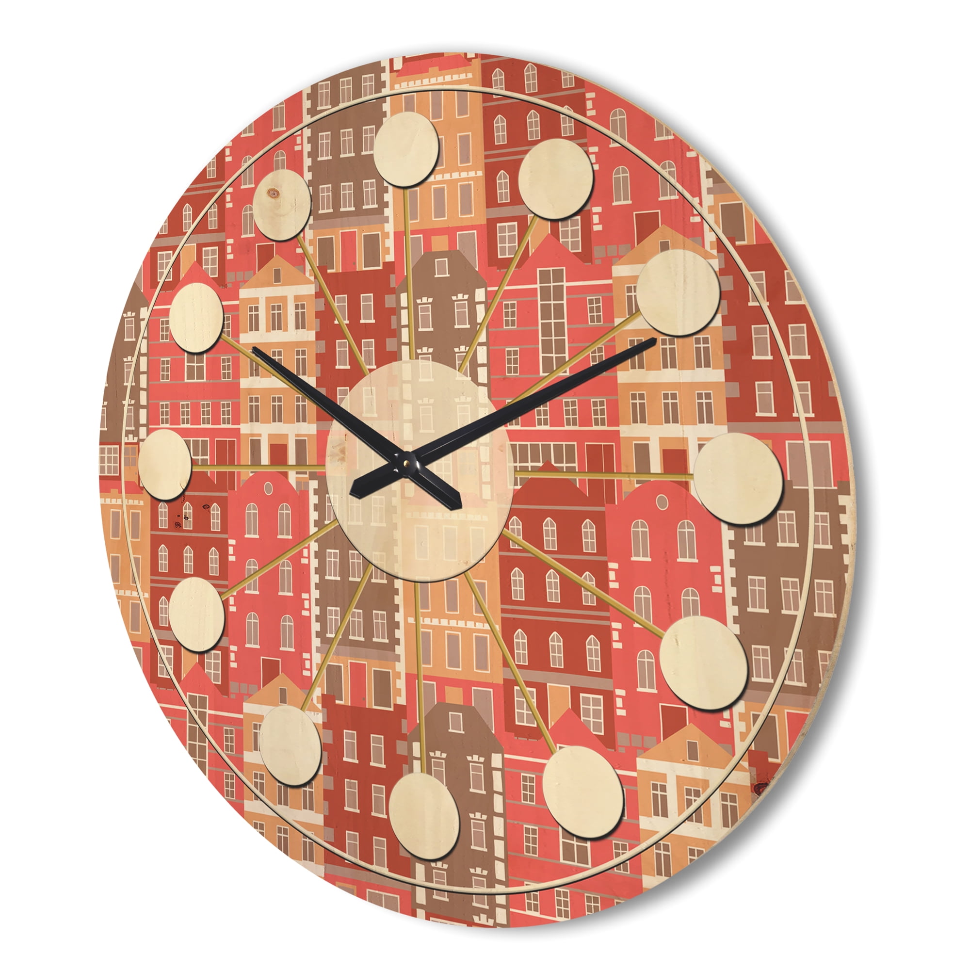 Designart 'Colorful Sotoies Houses' Mid-Century Modern Wood Wall Clock